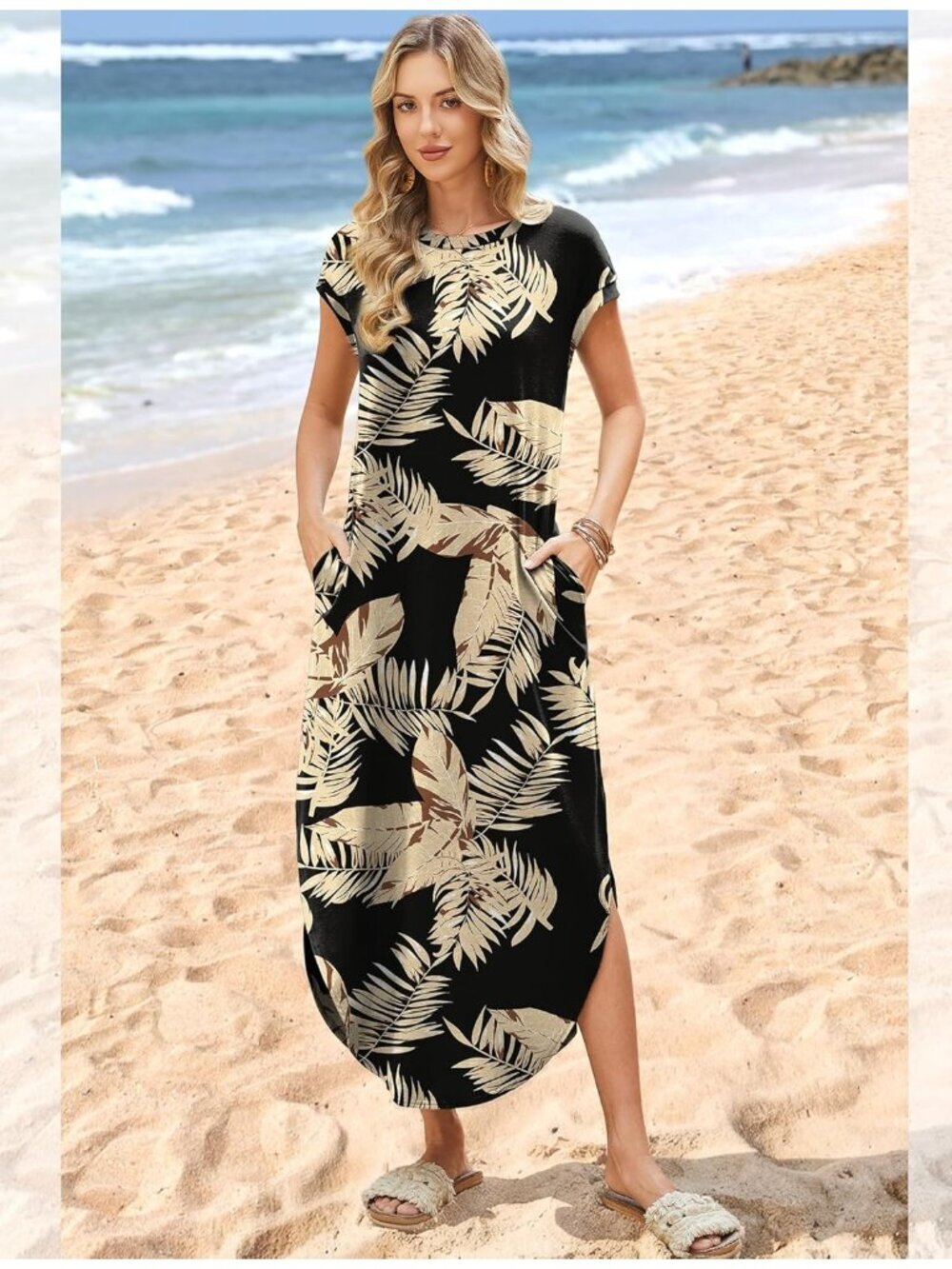 〽️Women's Floral Black Beige Cap Sleeve Crewneck Casual Long Summer Maxi Dress